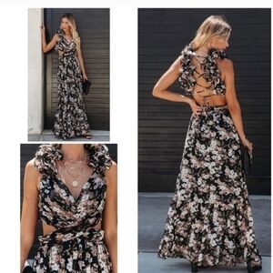 Vici Black Floral Open-Back Ruffle Maxi Dress